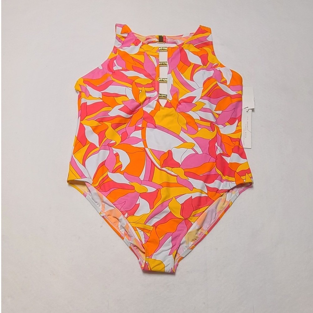 Beyond Control Womens One Piece Swimsuit Pink Multi Floral Gold Hardware Size 16